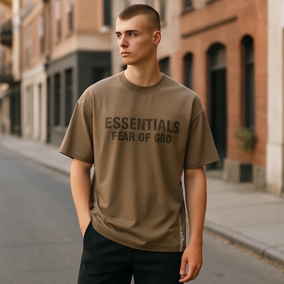 Essentials Fear Of God Heavyweight Tee Short Sleeve Tan Olive Large - Picture 9 of 9